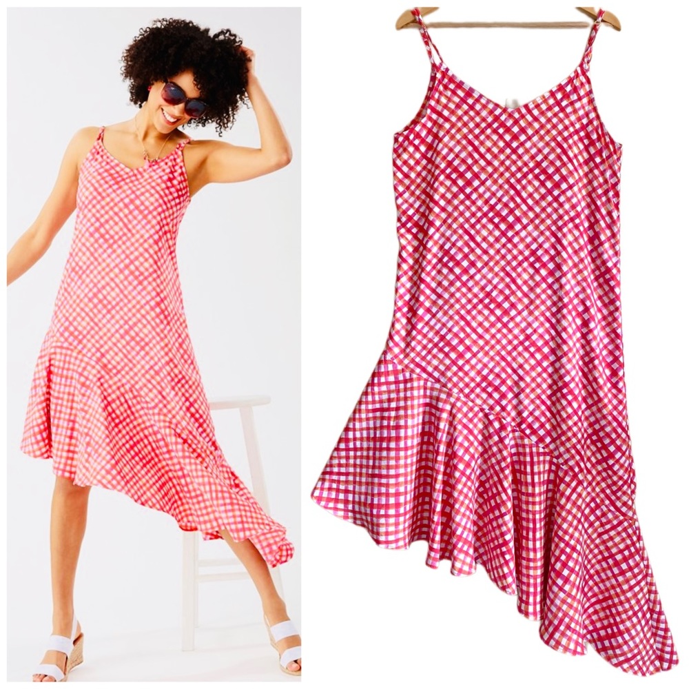 TOMMY BAHAMA Harbour Island Gingham Asymmetric Ruffle Dress swim coverup Size M
